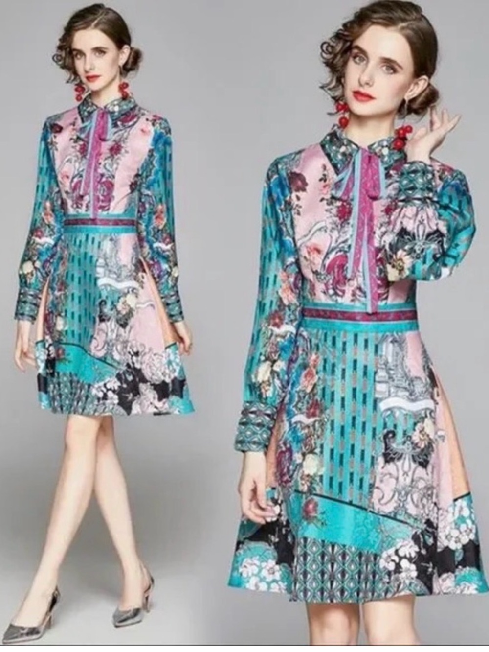 Dalia MacPhee Printed A-Line Long-Sleeve Dress in Teal and Pink size M